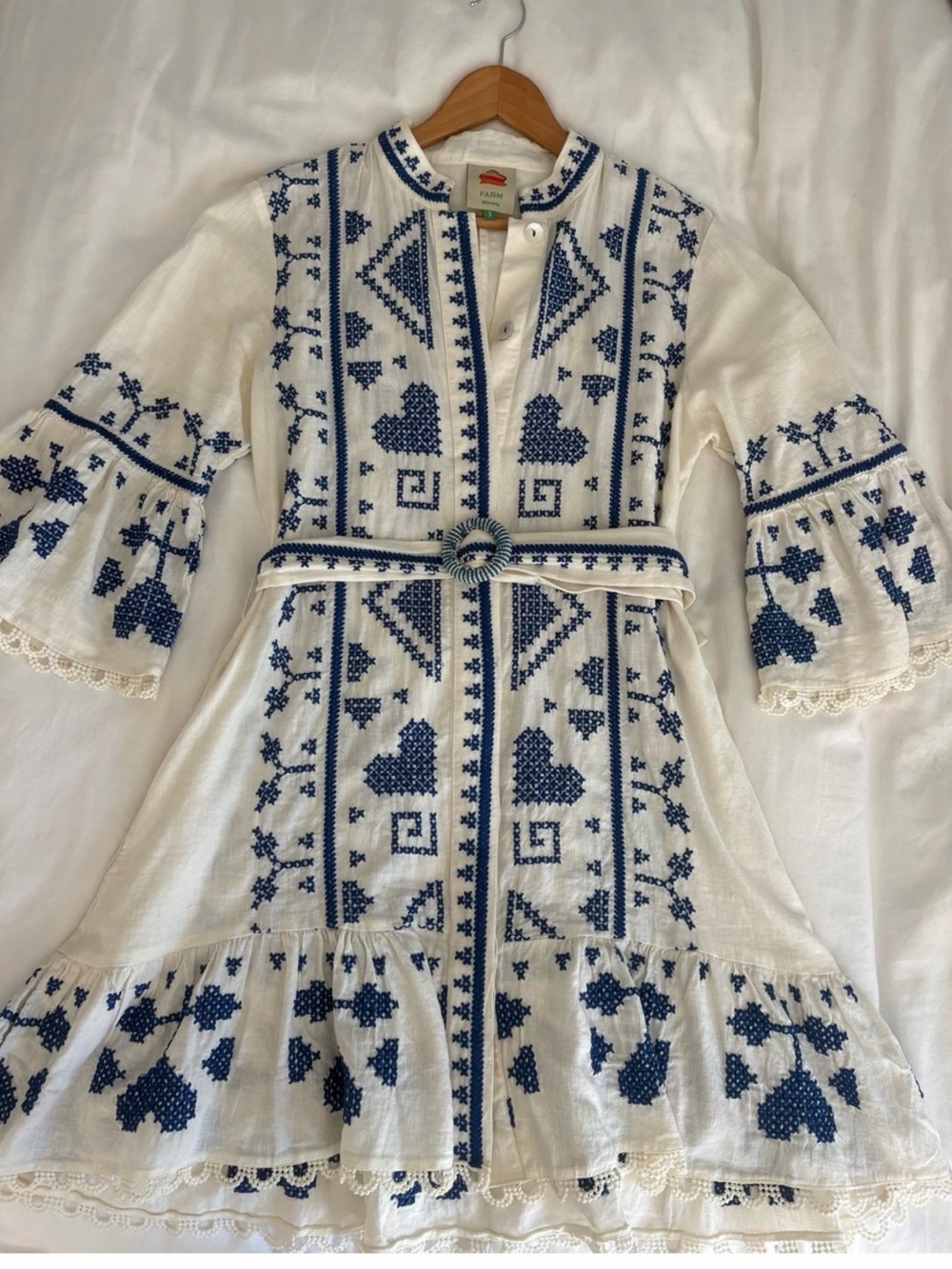 Farm Rio Embroidered White & Blue Boho Dress with Belt